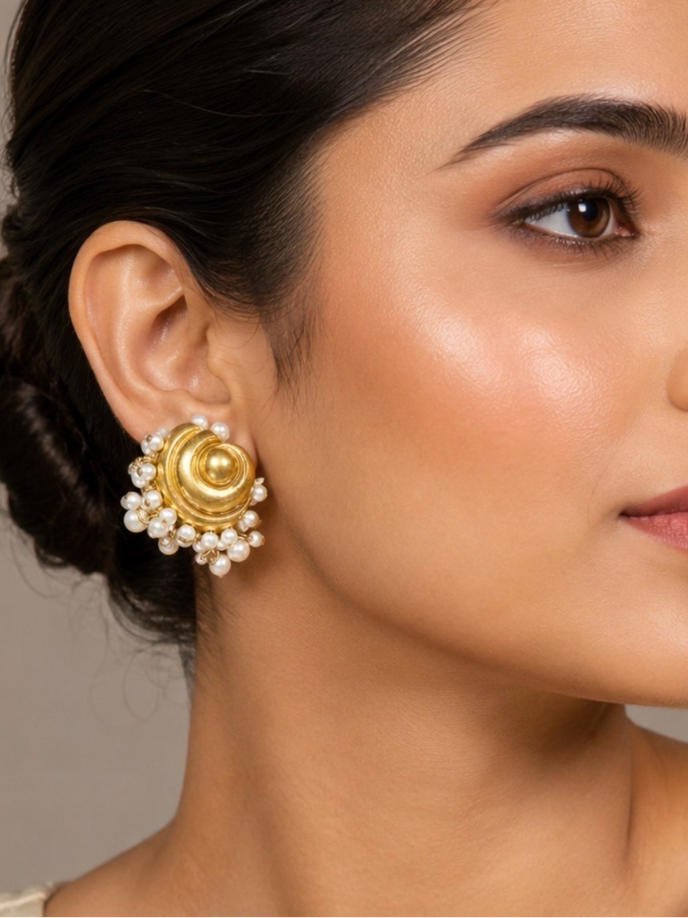 Vintage Gold Tone Pearl Snail  Statement Earrings
